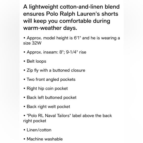 NEW Polo Ralph Lauren Shorts Linen-Cotton Straight Fit Navy Blue Mens Size 38W - Picture 4 of 5